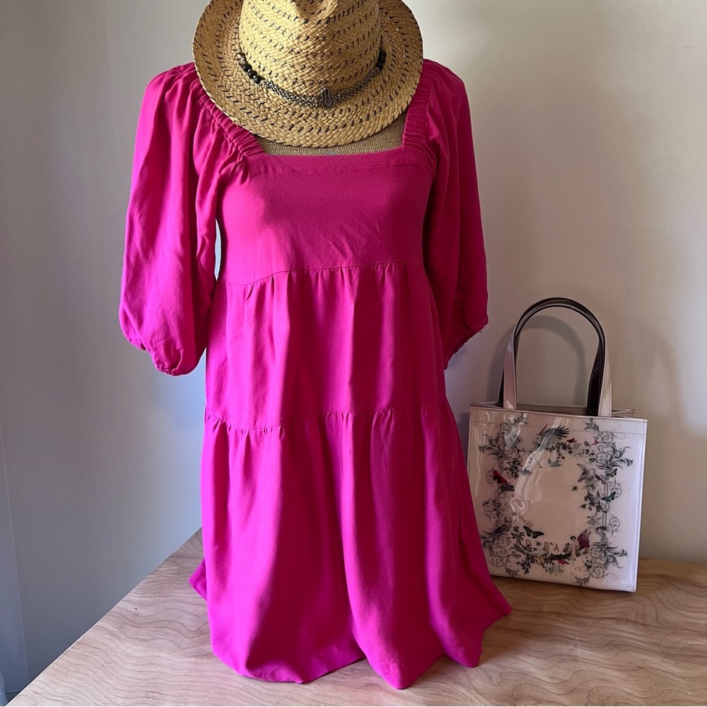 Dark Pink Puff Sleeve Tiered Short Dress NWOT